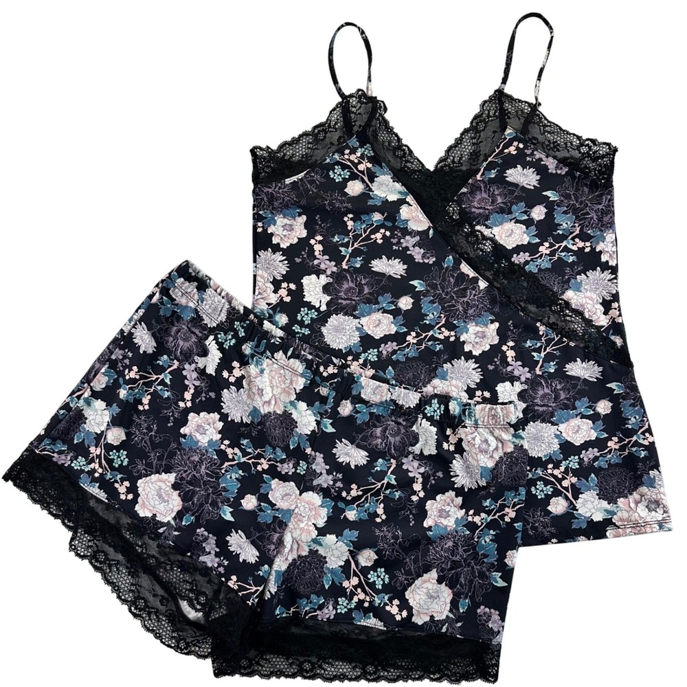 Vince Camuto Womens Medium Navy Floral Lace Trim Pajama Cami and Shorts Set
